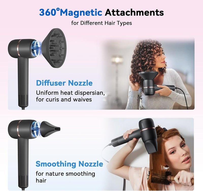 HRYCF Ionic Hair Dryer Fast Drying, 160000 RPM High-Speed Brushless Motor, Thermo-Control Professional Blow Dryer, Low Noise, Lightweight, Magnetic Concentrator and Diffuser for Curly & Straight Hair, Gray - Image 5